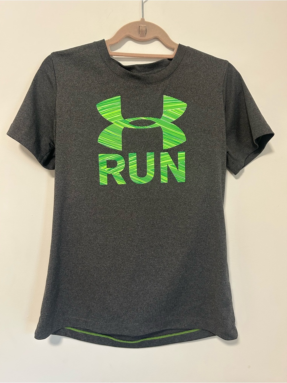 Under Armour Charcoal Short Sleeve Tee with Neon Green RUN Logo